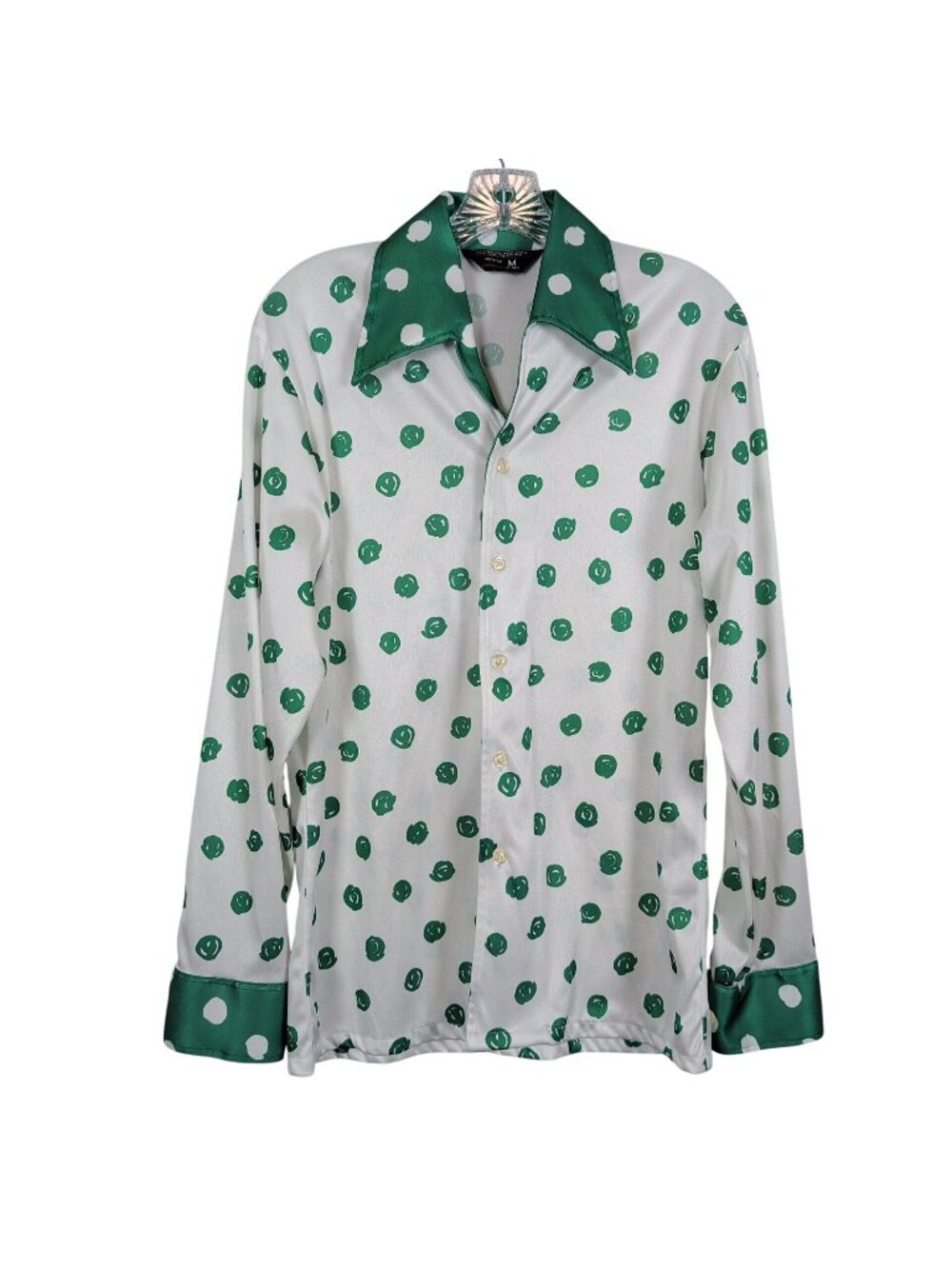 Vintage JC Penney MG Shirt Mens M Green white Polka Dot Disco Retro Button Up